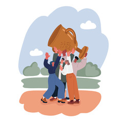 Fototapeta premium Cartoon vector illustration of a group of people holding a trophy cup, symbolizing victory, teamwork, and achievement