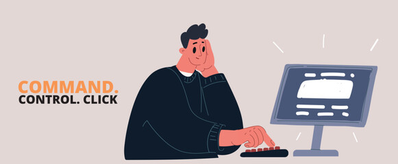 Cartoon vector illustration of a man typing on a keyboard while looking at a computer monitor, focused and engaged in work
