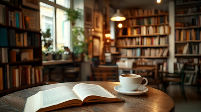Cozy atmosphere in a vintage library, coffee break amidst stacked books and plants