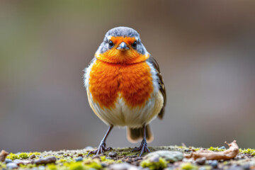 Fototapeta premium Close-up of wildlife bird, robin redbreast, in nature. A close-up of a vibrant bird with an orange breast, standing on a mossy surface, showcasing its detailed feathers and curious expression.