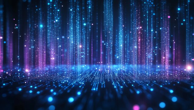 Abstract digital circuit board background with a neon light effect, dark blue and purple color theme, high-tech technology concept, futuristic design