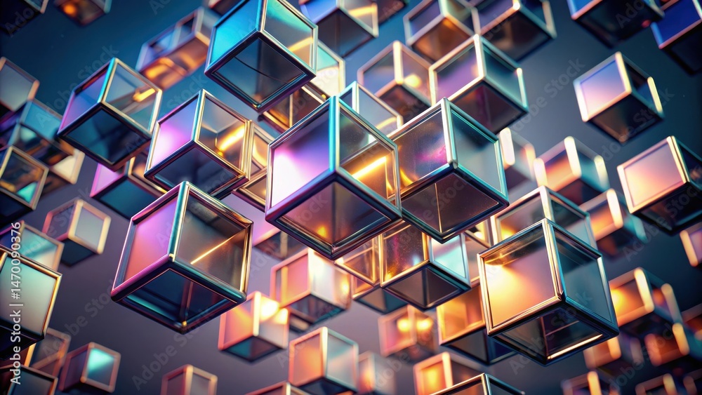 Aufkleber Abstract iridescent cubes floating in a dark space, a digital rendering of interconnectedness and innovative design