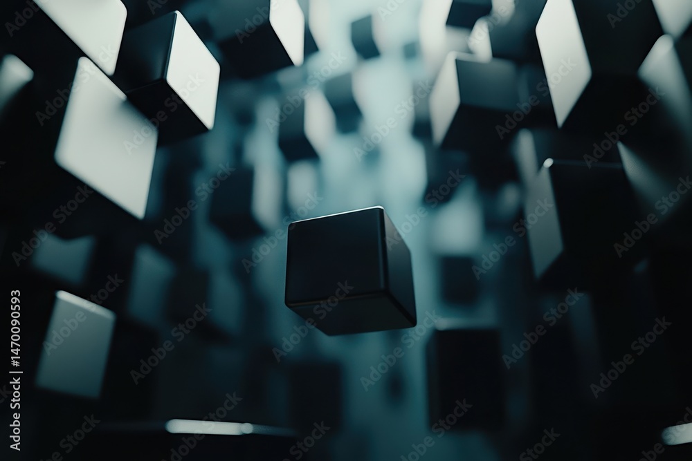 Poster abstract composition of floating dark cubes against a blurred background with soft lighting creating