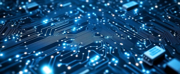 Blue digital technology background with a circuit board pattern and glowing dots on a dark blue banner for online site design, data transfer concept, and global network connection