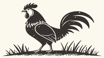 Majestic Rooster in Silhouette Standing Proud in Grassy Field Bold Black Ink Style Illustration with Simple Background
