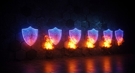 Shield Wall: Cybersecurity Defense - Surreal wall, glowing hexagonal shields, binary codes, fire sparks, deep tech. Symbolizes protection, security, technology, innovation, resilience