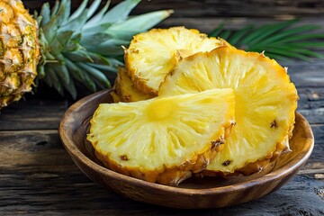 Pineapple Slices in Wooden Bowl