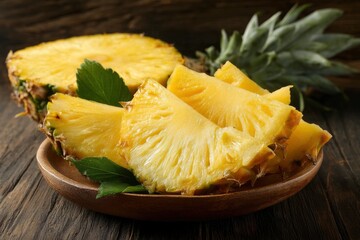 Pineapple Slices on a Wooden Plate