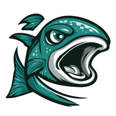Aggressive Teal Fish With Open Mouth Cartoon Style Vector Illustration Isolated On White Background