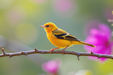 Close-up of wildlife bird, oriole, in nature. A vibrant yellow oriole perched on a branch, surrounded by blurred colorful flowers, showcasing nature's beauty.