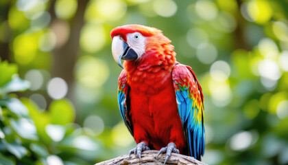 Obraz premium Close-up of wildlife bird, scarlet macaw, in nature. Colorful scarlet macaw perched among blurred greenery, showcasing vibrant feathers and a striking appearance in a natural setting.