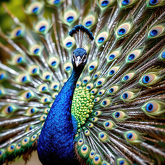 Obraz premium Close-up of wildlife bird, peacock, in nature. A vibrant peacock displays its colorful plumage, showcasing intricate patterns and hues in a captivating natural setting.