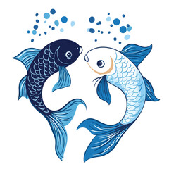 Yin Yang Fish Pair Vector Illustration Symbolizing Balance And Harmony In Dark And Light Blue Tones With Bubbles