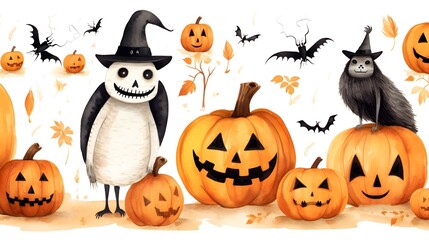 Professional Halloween seamless pattern on orange background for holiday events