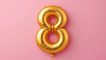 Fototapeta premium Foil Balloon Shaped as Number 8 in Gold on Pink Background, Perfect for Women's Day, Birthdays.