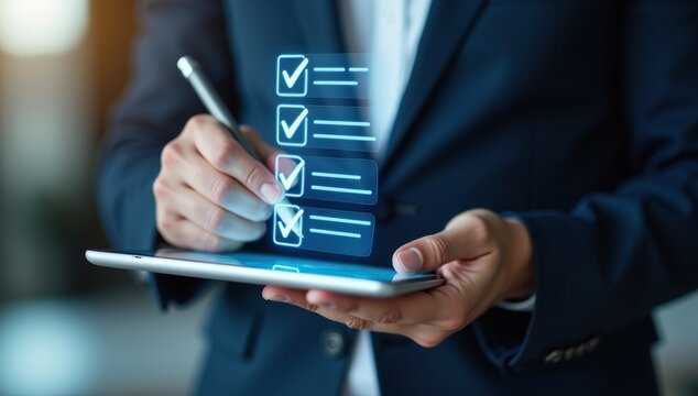 Digital Checklists for efficient business management, Businessman touching marking on checklist guide to paperless assessment and Future Success, Streamlining operations with online surveys
