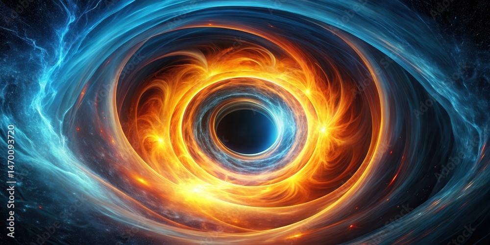 Poster a mesmerizing cosmic swirl of fiery orange and cool blue energy, creating a captivating vortex effec