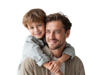 Joyful father and son bonding together in a warm embrace on a transparent background, cut out