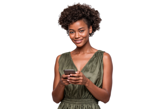 Smiling young African American girl woman holding smartphone for daily use, isolated on transparent background