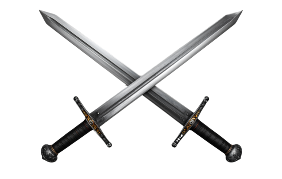 Two long swords, medieval fantasy, top-down view, transparent background