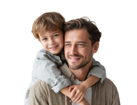 Joyful father and son bonding together in a warm embrace on a transparent background, cut out