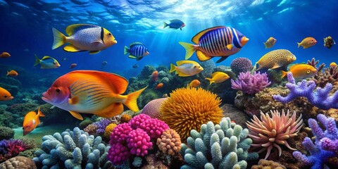 Naklejka na ściany i meble Vibrant underwater scene showcasing a diverse array of colorful fish swimming amidst a breathtaking coral reef teeming with life