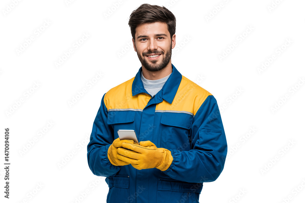Poster handsome construction worker in uniform holding a smartphone, isolated on transparent background