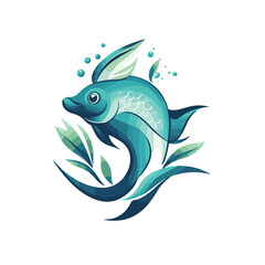 Stylized Teal Fish With Seaweed And Bubbles Underwater Graphic Illustration On White Background