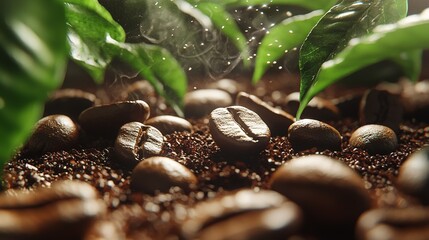 Close-up of roasted coffee beans, coffee grounds, espresso, and fresh green leaves
