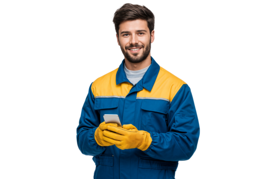 Handsome construction worker in uniform holding a smartphone, isolated on transparent background