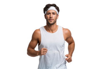 Fit male athlete running, smiling and jogging happily, isolated on transparent background.