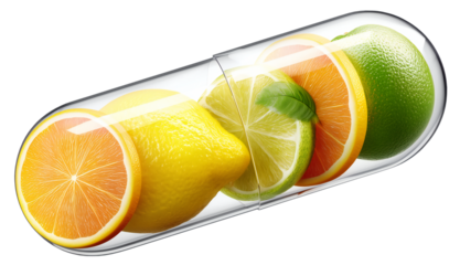 Transparent Medical Pill With Citrus Fruits Inside. Healty Food Or Diet Concept Illustration. Ai generative