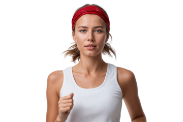 Fit female athlete running, smiling and jogging happily, isolated on transparent background.