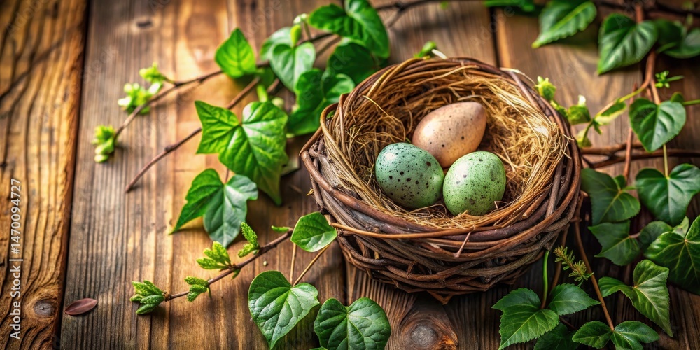 Poster bird's nest with speckled eggs and spring greenery on rustic wooden surface