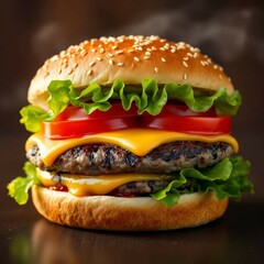 Juicy hamburger sandwich with fresh lettuce, tomato, melted cheese, and grilled beef patty, served in a sesame seed bun, isolated in professional stock photo style.