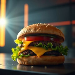 Juicy hamburger sandwich with fresh lettuce, tomato, melted cheese, and grilled beef patty, served in a sesame seed bun, isolated in professional stock photo style.