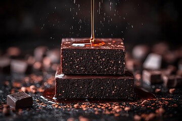 Dark chocolate squares dripping with a sweet syrup.