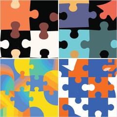 Four stylized vector graphics, each depicting jigsaw puzzle pieces of various bright colors.
