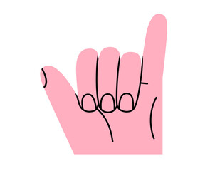 Hand drawn cute cartoon illustration of shaka human hands gesture. Flat vector aloha arm sign doodle. Hang loose sticker. Call me concept icon. Greeting interaction. Isolated.