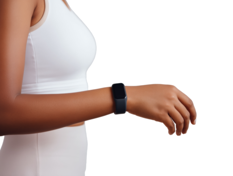 Fitness tracker on a woman's wrist during a workout session on a transparent background, cut out