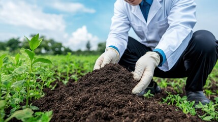 Field Research Observation Concept, Scientist Kneeling in Field Collecting Soil Sample with Gloves for Research and Environmental Analysis