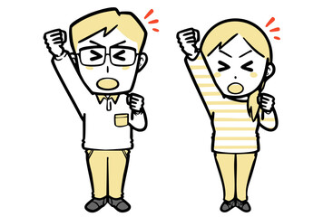 拳を振り上げ必死に応援する、普段着の若い夫婦