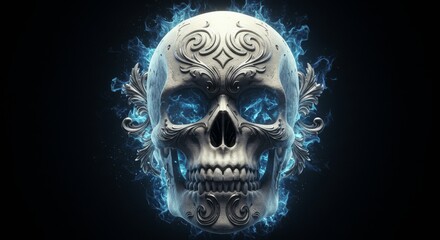Ornate skull engulfed in ethereal blue flames, a symbol of mystique