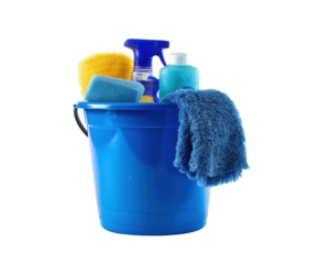 Essential cleaning supplies in a blue bucket for household chores on a transparent background, cut out