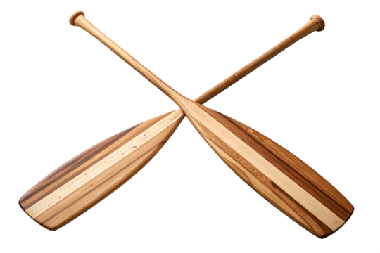Wooden canoe paddle and two wooden chopsticks, isolated white objects