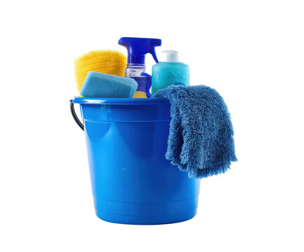 Essential cleaning supplies in a blue bucket for household chores on a transparent background, cut out