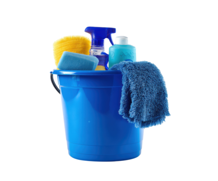 Essential cleaning supplies in a blue bucket for household chores on a transparent background, cut out