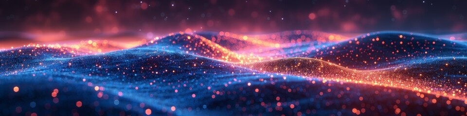 Premium wide-format visualization of blockchain technology network featuring a flowing digital mesh structure with glowing purple and pink connections. This is AI Generated LinkedIn banner