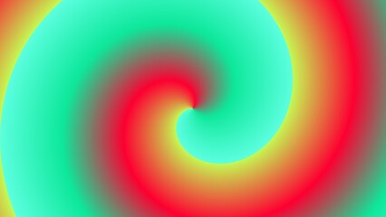 A vibrant, swirling abstract artwork featuring a gradient of red, yellow, and teal hues creating a hypnotic spiral effect