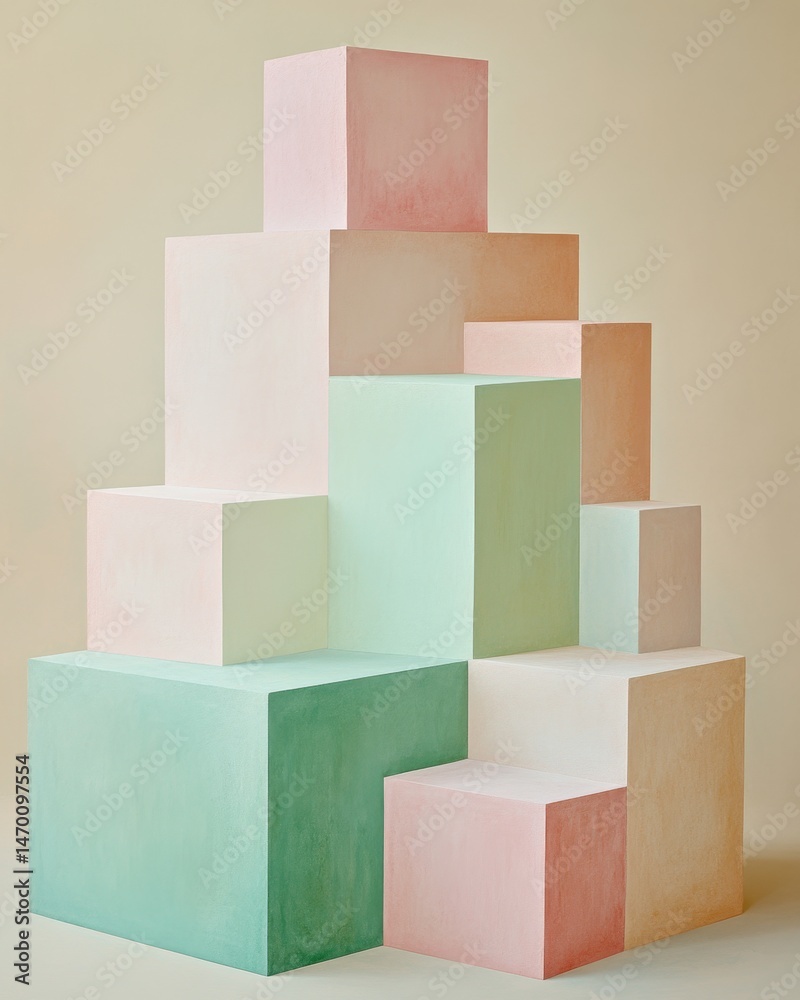 Poster abstract geometric structure featuring layered pastel colored blocks against a neutral background. t